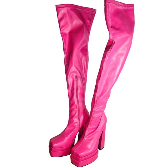 Size 8 Faux Leather Platform Thigh High Sock Boots – Hot Pink (NIB) - Picture 1 of 4
